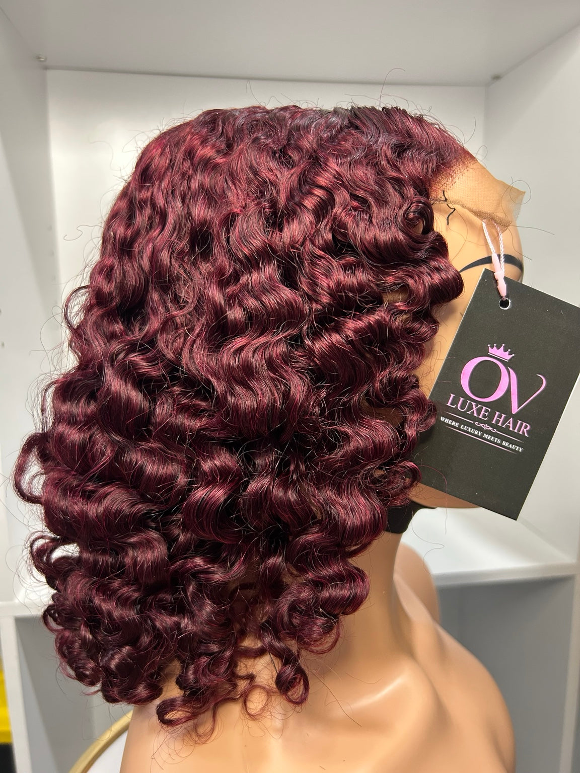 Burgundy Curly 5×5 Closure Wig – 12 Inches